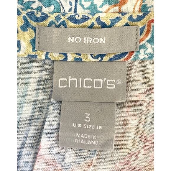 Chico’s Linen Mosaic Print Button Down Top Size 3 (XL) Pastel Blue Multi Boho - Picture 10 of 11